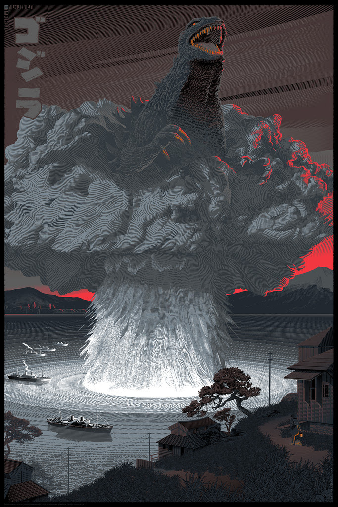 "Godzilla" by Laurent Durieux.  24" x 36" Screenprint.  Variant (Ed of 125, $100) : Foil (Ed of 20, $150) : Canvas (Ed of 15, $275)