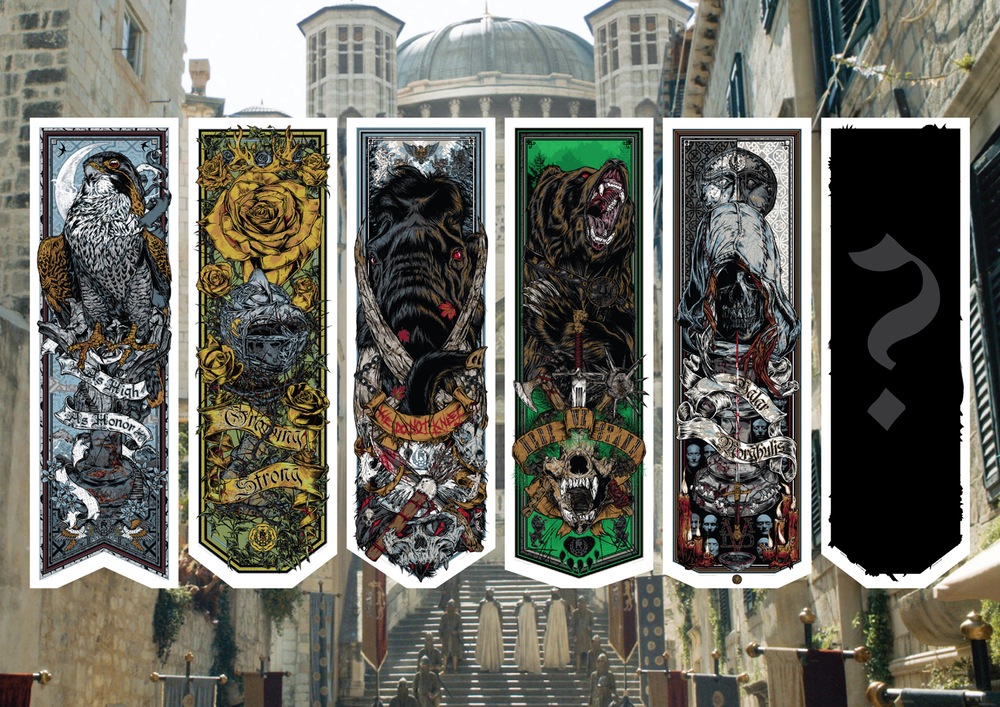 "Call the Banners" series 3 by Rhys Cooper.  (5 +1) 12" x 38" 6-color Screenprints, handcut.  Ed of 50 S/N.  $200 set (variant)
