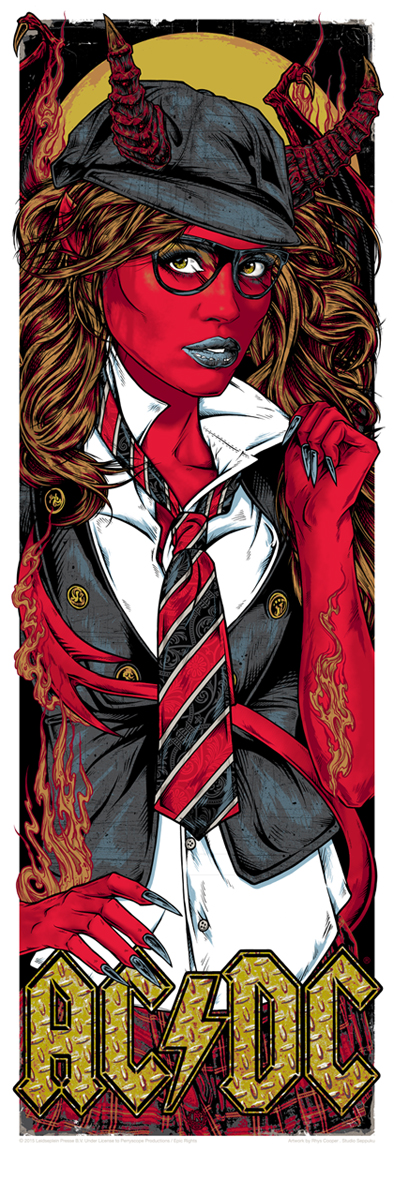 "AC/DC Halloween" by Rhys Cooper.  12" x 36" 6-color Screenprint.  Timed edition N.  $50