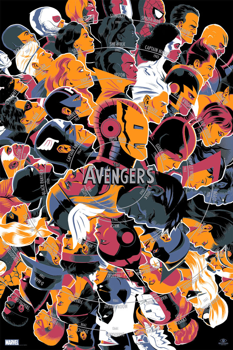 The Avengers by Matt Taylor. 24"x36" screen print. Hand numbered. Edition of 325. Printed by D&L Screenprinting. $45